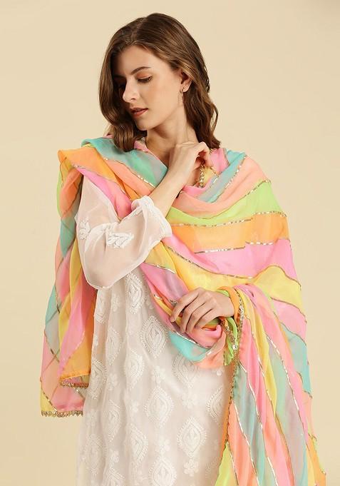 Women Yellow And Pink Printed Dupatta With Gotta Patti