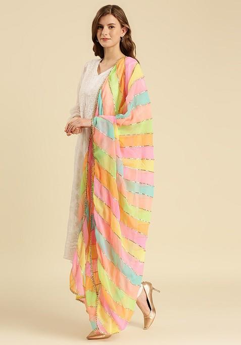 Women Yellow And Pink Printed Dupatta With Gotta Patti