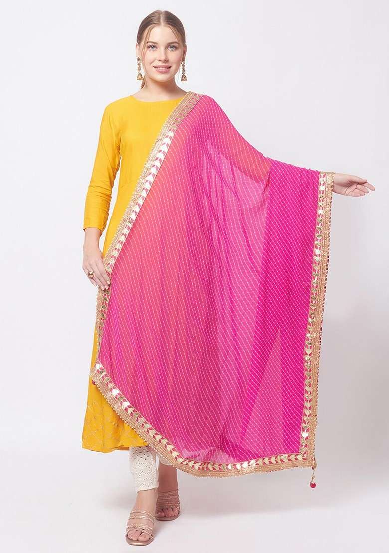 Fuchsia And Gold Toned Printed Bandhani Dupatta With Gotta Patti - Indya