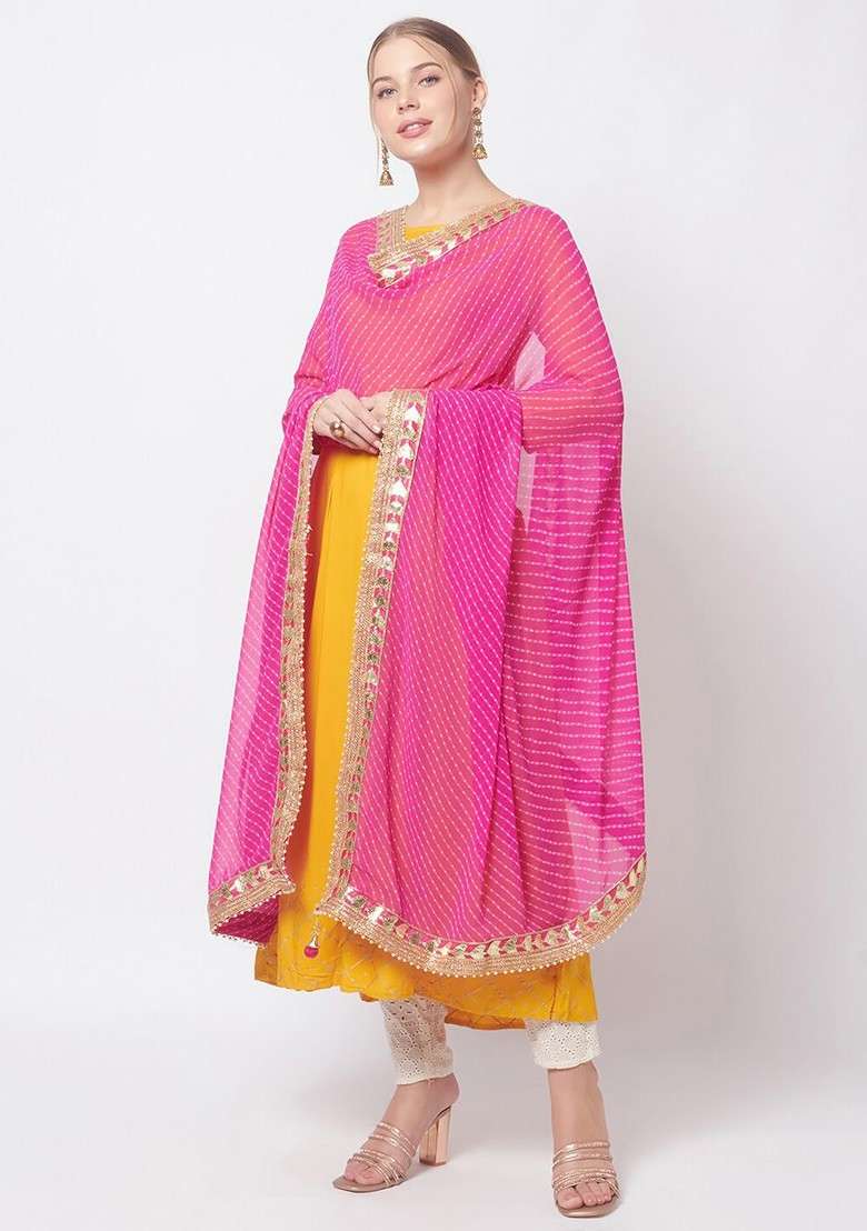 Fuchsia And Gold Toned Printed Bandhani Dupatta With Gotta Patti - Indya