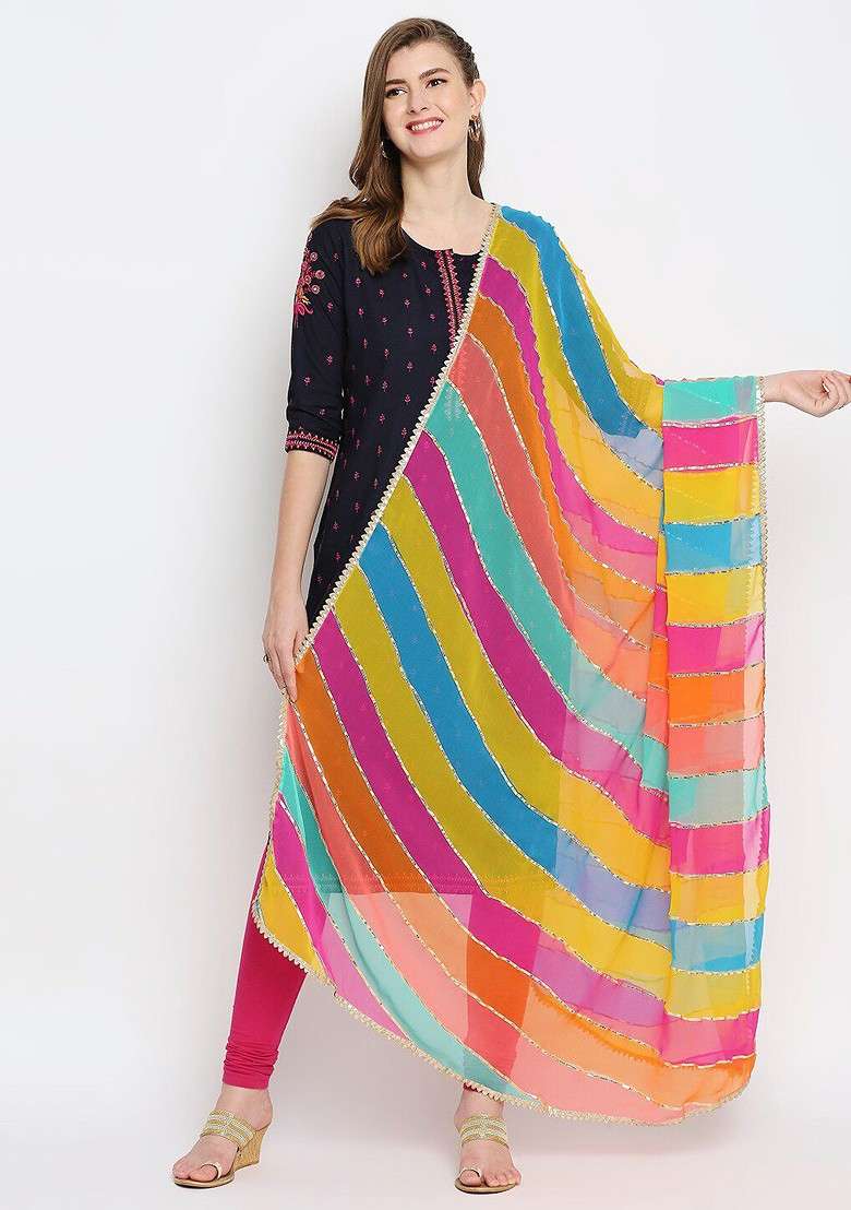 Multicoloured Striped Chiffon Gotta Patti Dupatta - Indya