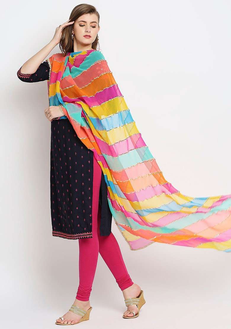Multicoloured Striped Chiffon Gotta Patti Dupatta - Indya