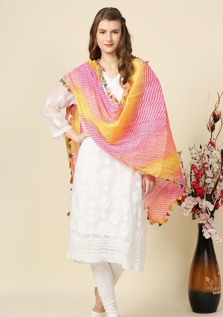 Pink And Yellow Printed Tie And Dye Dupatta