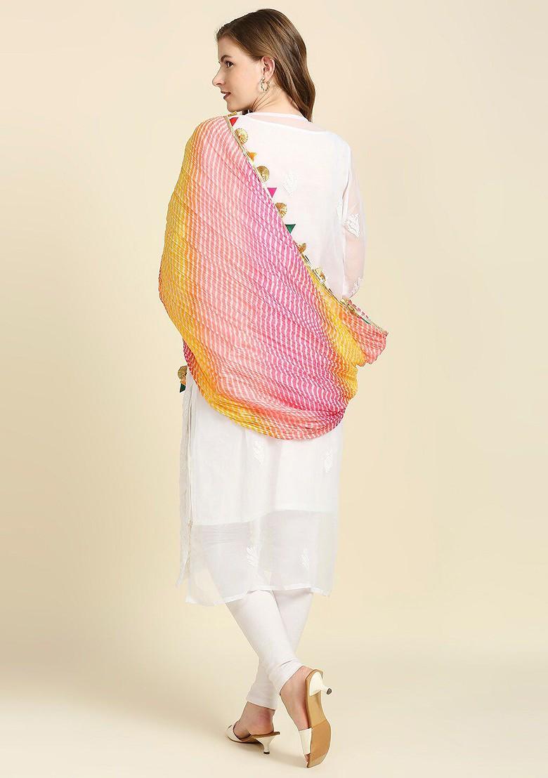 Pink And Yellow Printed Tie And Dye Dupatta