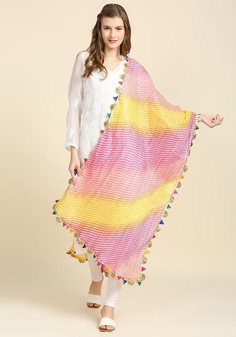 Pink And Yellow Printed Tie And Dye Dupatta