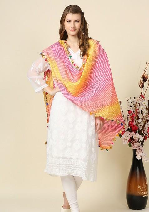 Pink And Yellow Printed Tie And Dye Dupatta