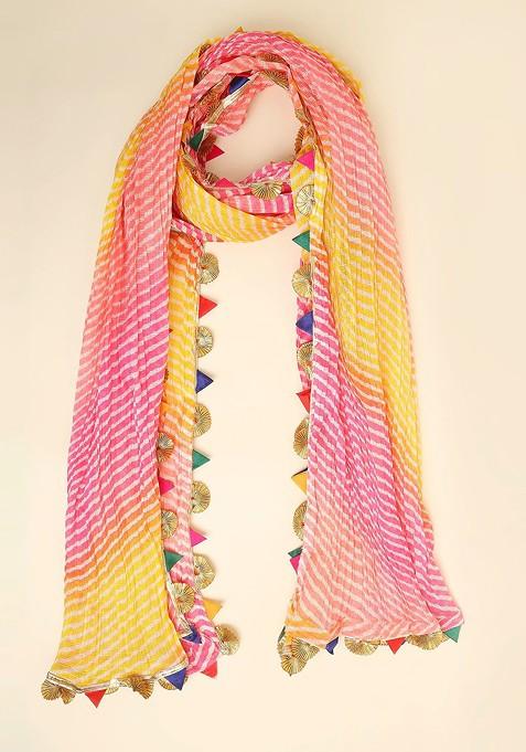 Pink And Yellow Printed Tie And Dye Dupatta