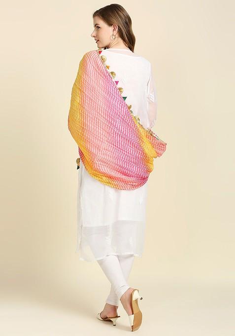 Pink And Yellow Printed Tie And Dye Dupatta