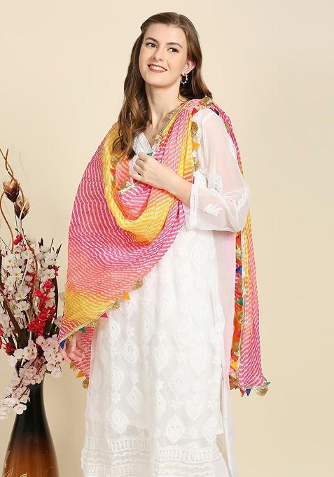 Pink And Yellow Printed Tie And Dye Dupatta