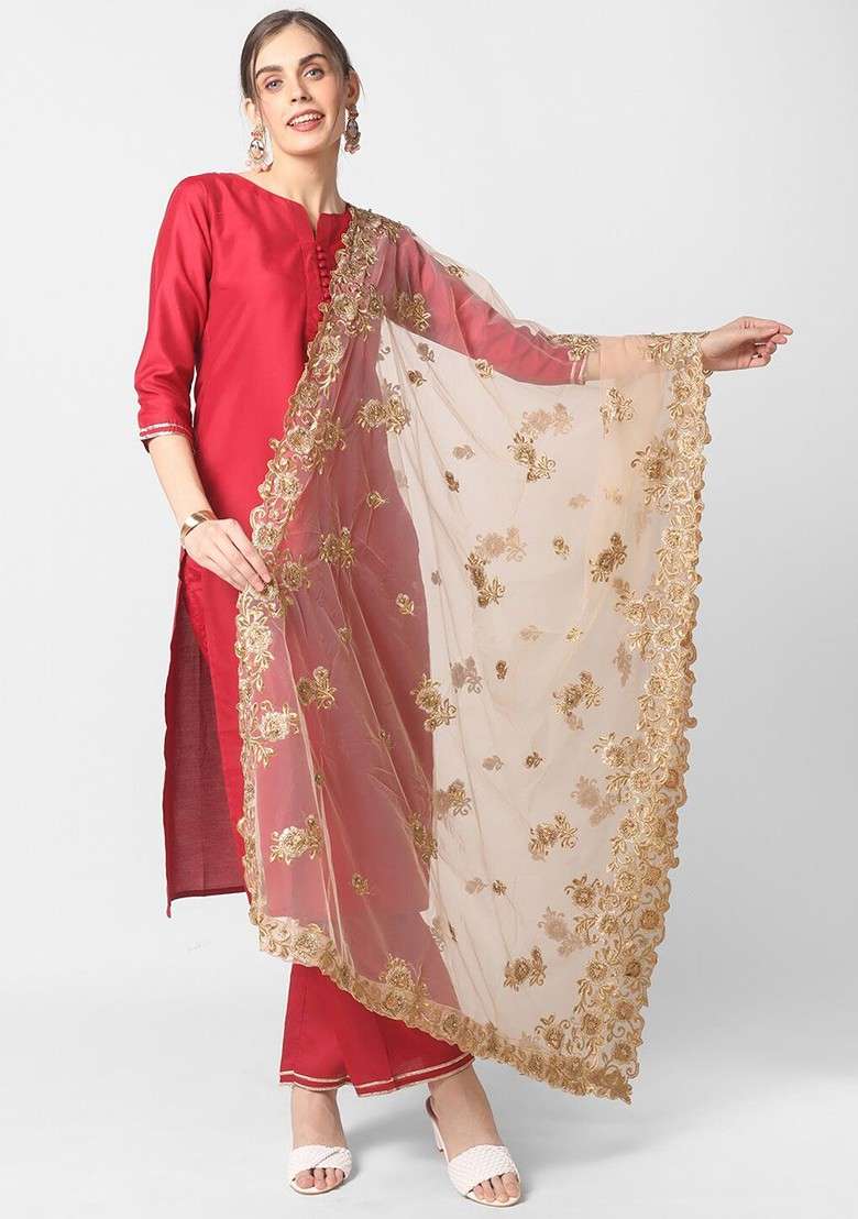 Gold Embroidered Dupatta With Beads And Stones And Cutwork Details - Indya