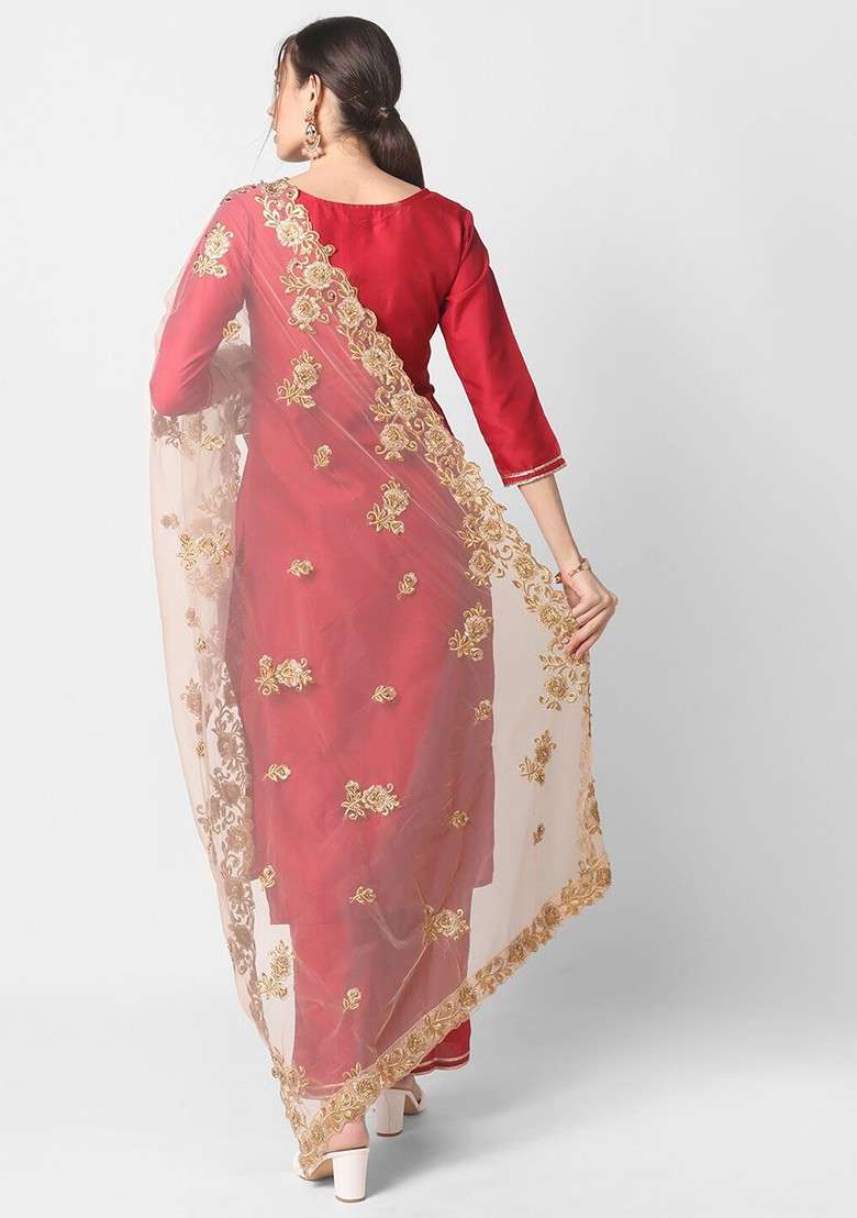 Gold Embroidered Dupatta With Beads And Stones And Cutwork Details - Indya