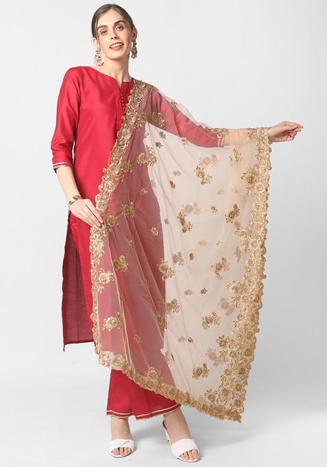 Gold Embroidered Dupatta With Beads And Stones And Cutwork Details