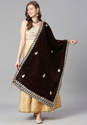 Embroidered Velvet Dupatta With Gotta Patti