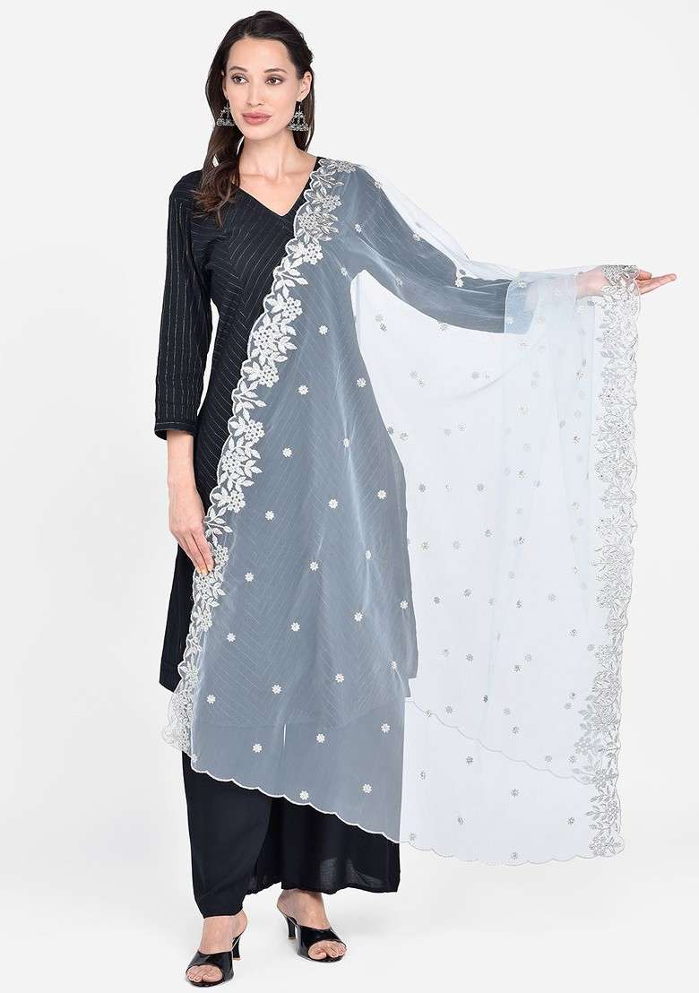 Silver Toned And White Embroidered Dupatta - Indya