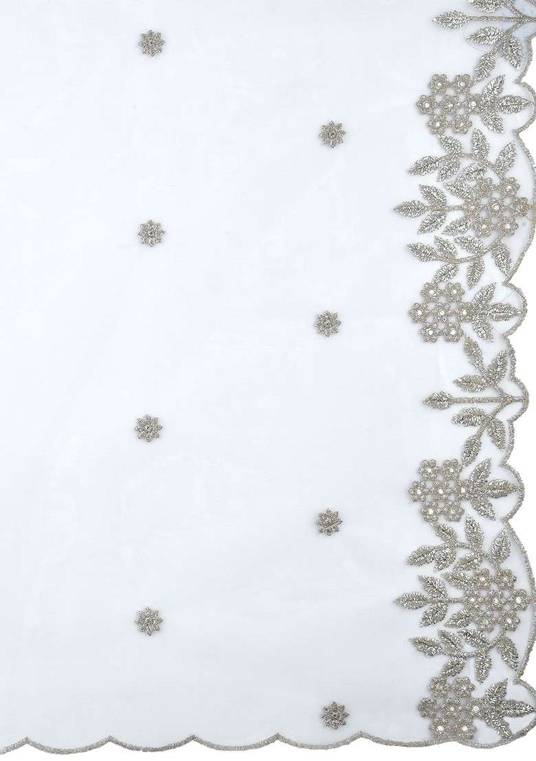 Silver Toned And White Embroidered Dupatta - Indya