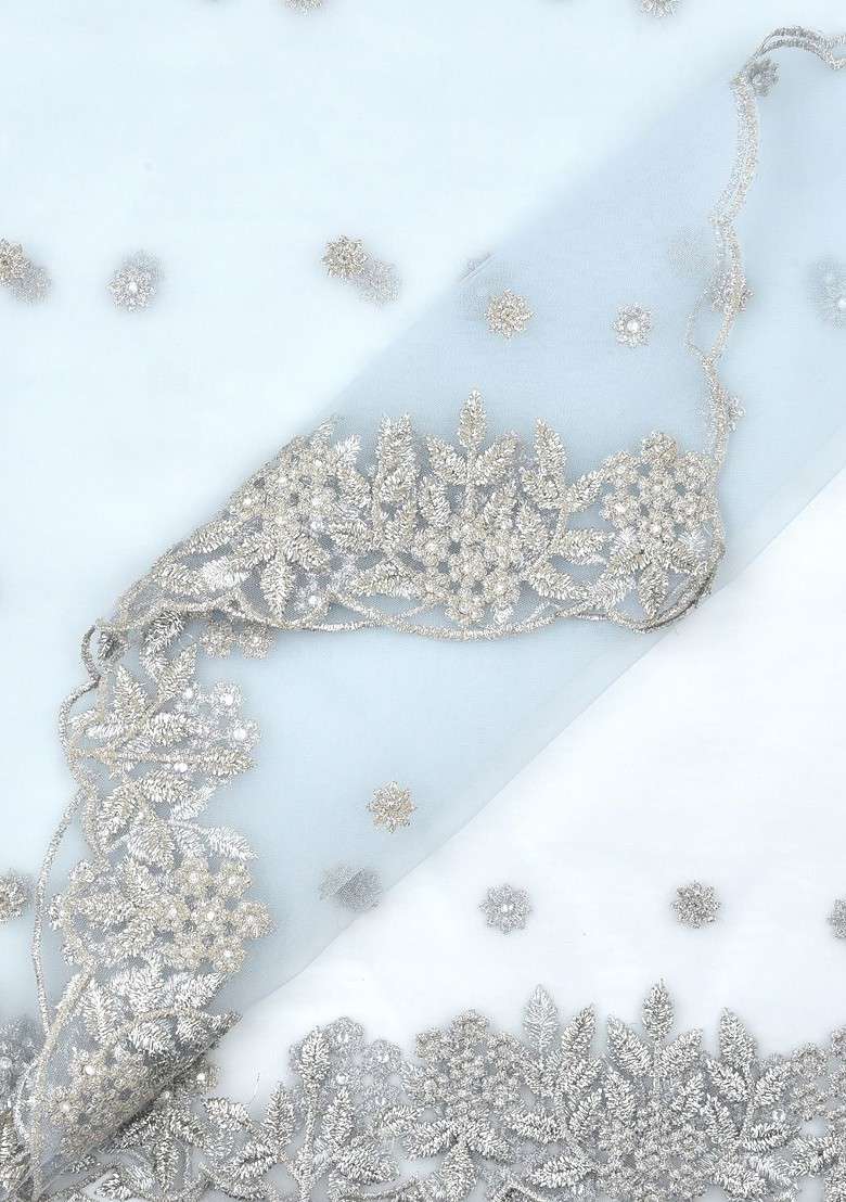 Silver Toned And White Embroidered Dupatta - Indya
