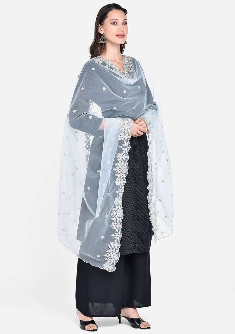 Silver Toned And White Embroidered Dupatta - Indya