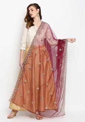 Purple And Gold Toned Embroidered Mirror Work Net Dupatta
