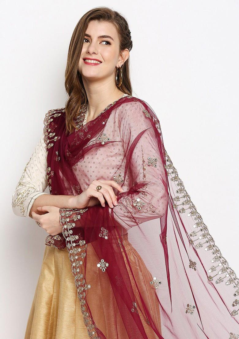 Purple And Gold Toned Embroidered Mirror Work Net Dupatta