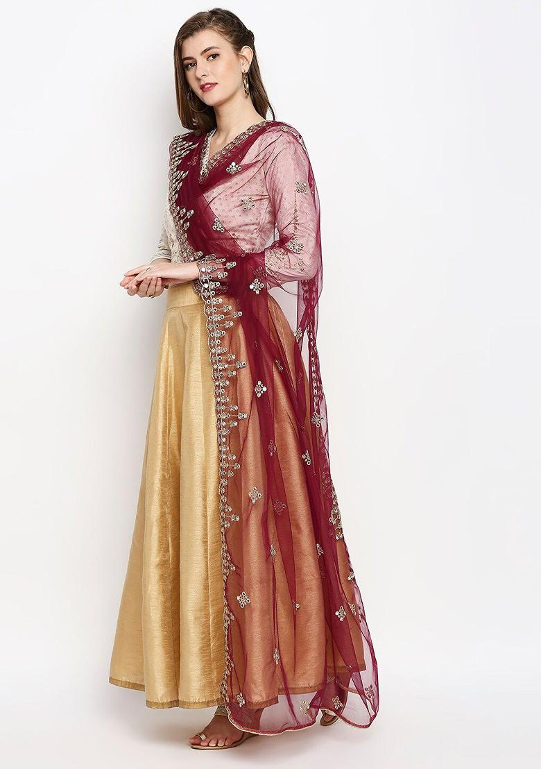Purple And Gold Toned Embroidered Mirror Work Net Dupatta