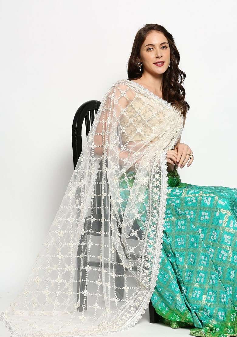 Floral Embroidered Dupatta With Sequinned - Indya