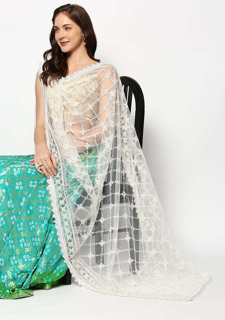 Floral Embroidered Dupatta With Sequinned - Indya