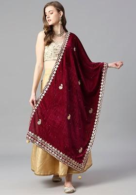 Embroidered Velvet Dupatta With Gotta Patti