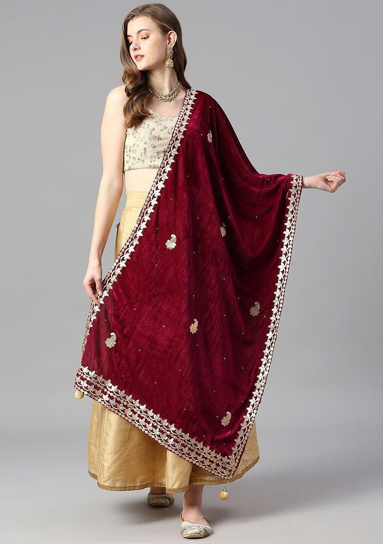 Embroidered Velvet Dupatta With Gotta Patti