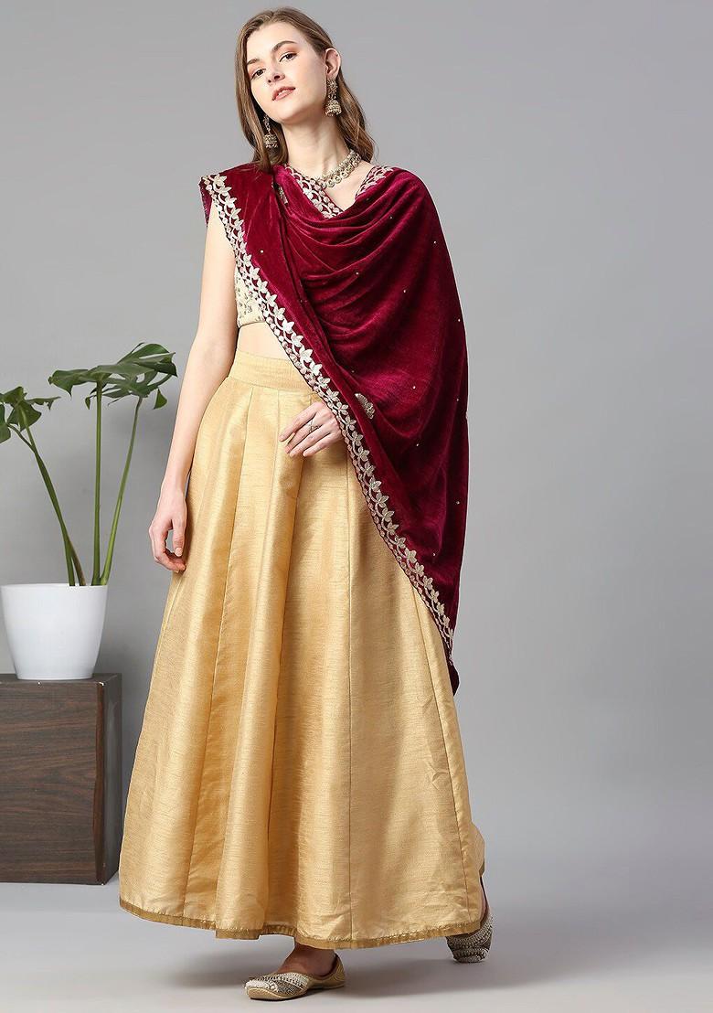Embroidered Velvet Dupatta With Gotta Patti