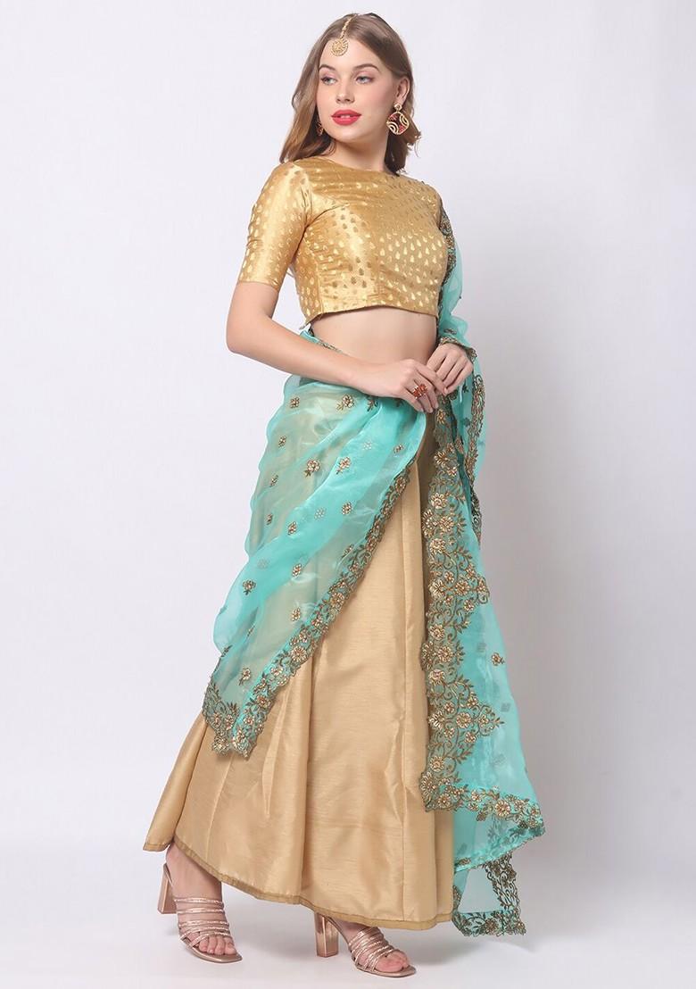 Sea Green And Gold Toned Embroidered Organza Dupatta With Zardozi