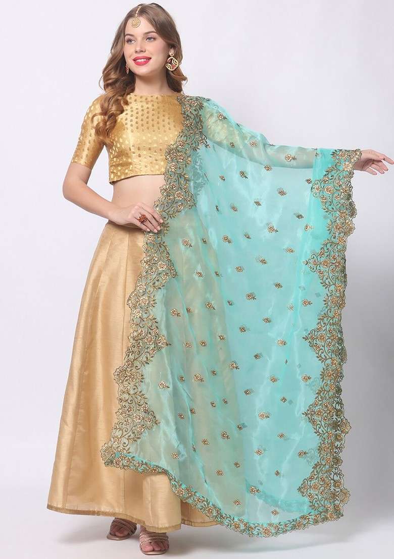 Sea Green And Gold Toned Embroidered Organza Dupatta With Zardozi - Indya
