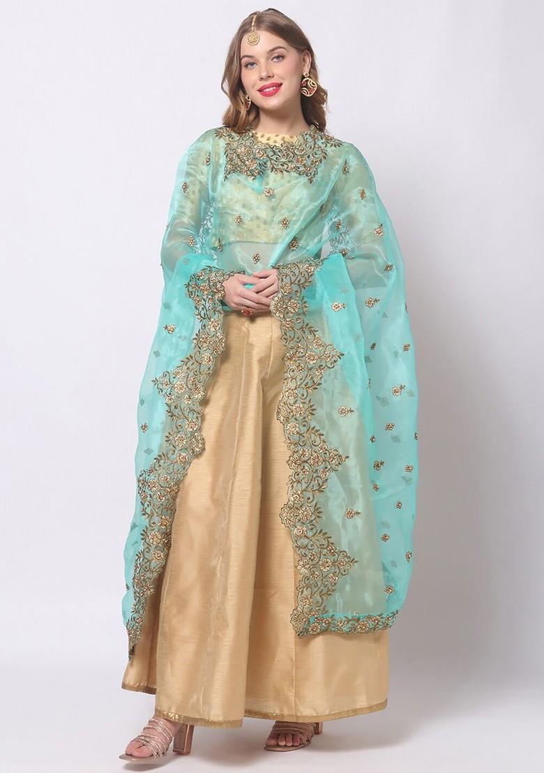 Sea Green And Gold Toned Embroidered Organza Dupatta With Zardozi