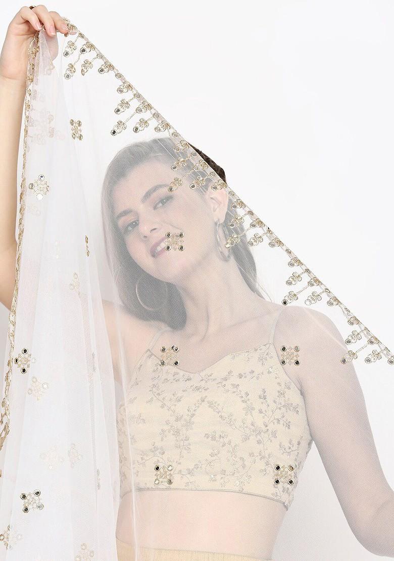 White And Silver Toned Ethnic Motifs Embroidered Dupatta With Mirror Work