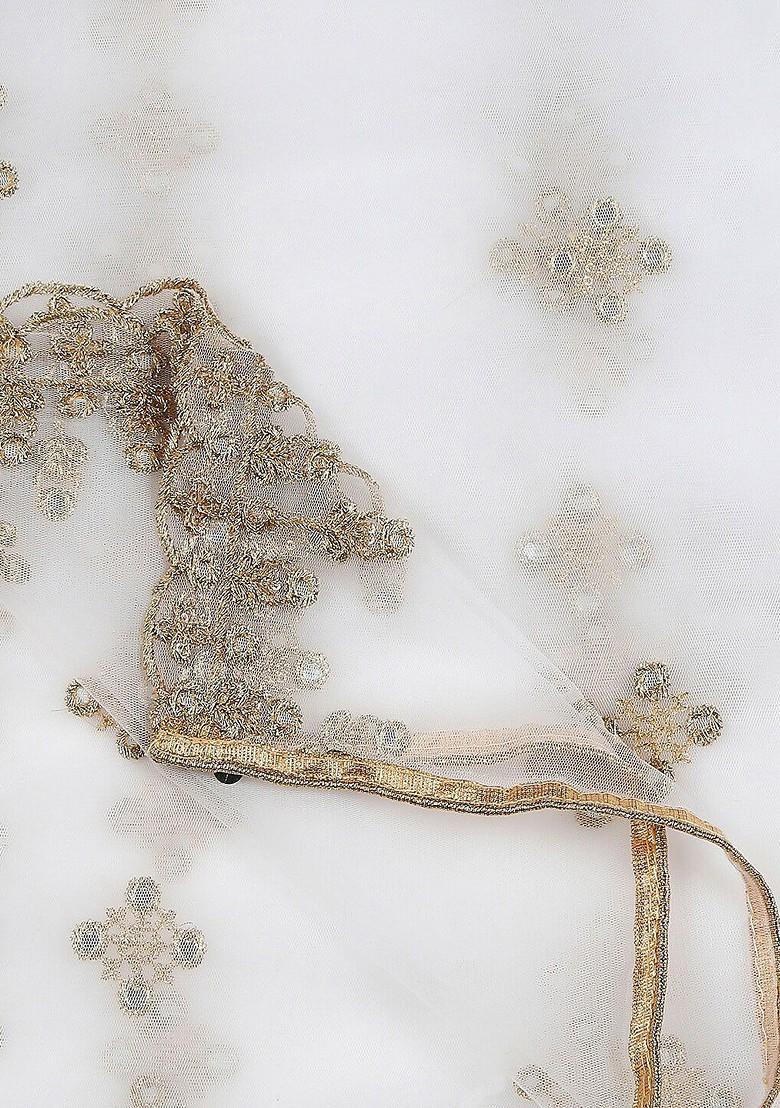 White And Silver Toned Ethnic Motifs Embroidered Dupatta With Mirror Work