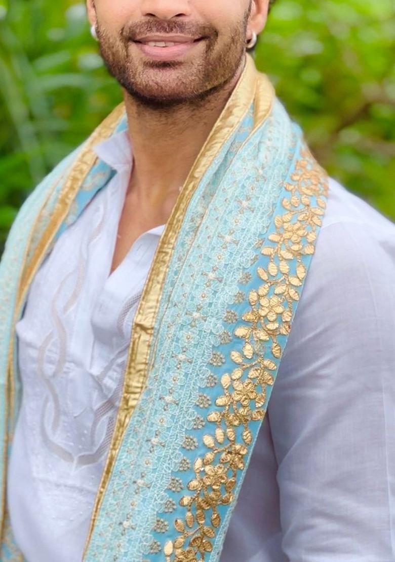 Men Floral Lucknowi Work Embroidered Georgette Dupatta With Gotta Patti