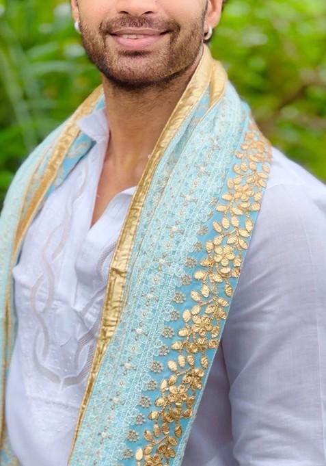 Men Floral Lucknowi Work Embroidered Georgette Dupatta With Gotta Patti