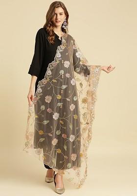 Women Peach Coloured And Green Embroidered Dupatta With Sequinned