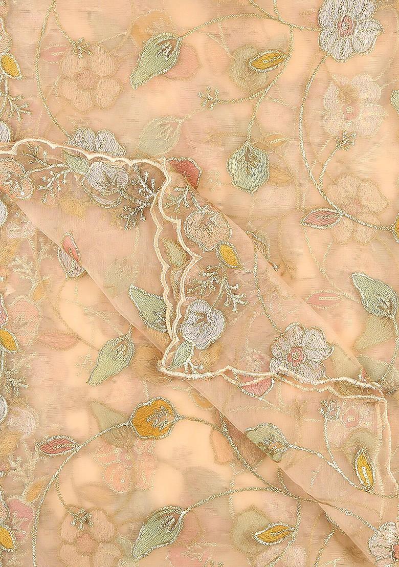 Women Peach Coloured And Green Embroidered Dupatta With Sequinned