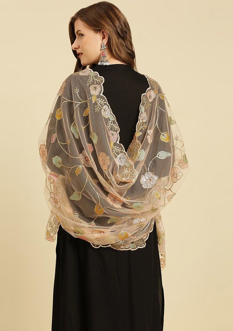 Women Peach Coloured And Green Embroidered Dupatta With Sequinned
