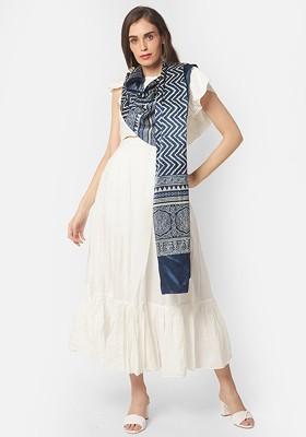 Navy Blue And White Printed Block Print Dupatta