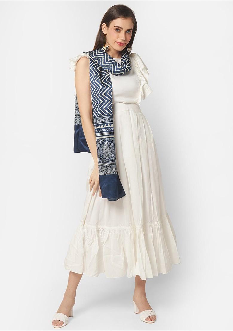 Navy Blue And White Printed Block Print Dupatta