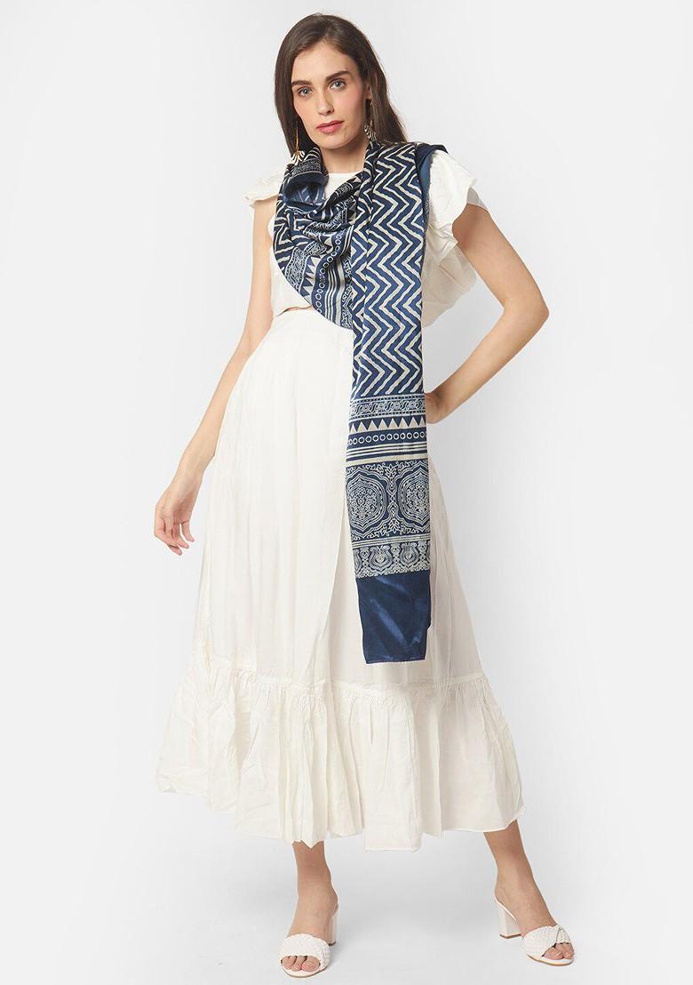 Navy Blue And White Printed Block Print Dupatta