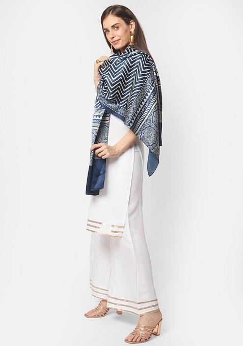 Navy Blue And White Printed Block Print Dupatta