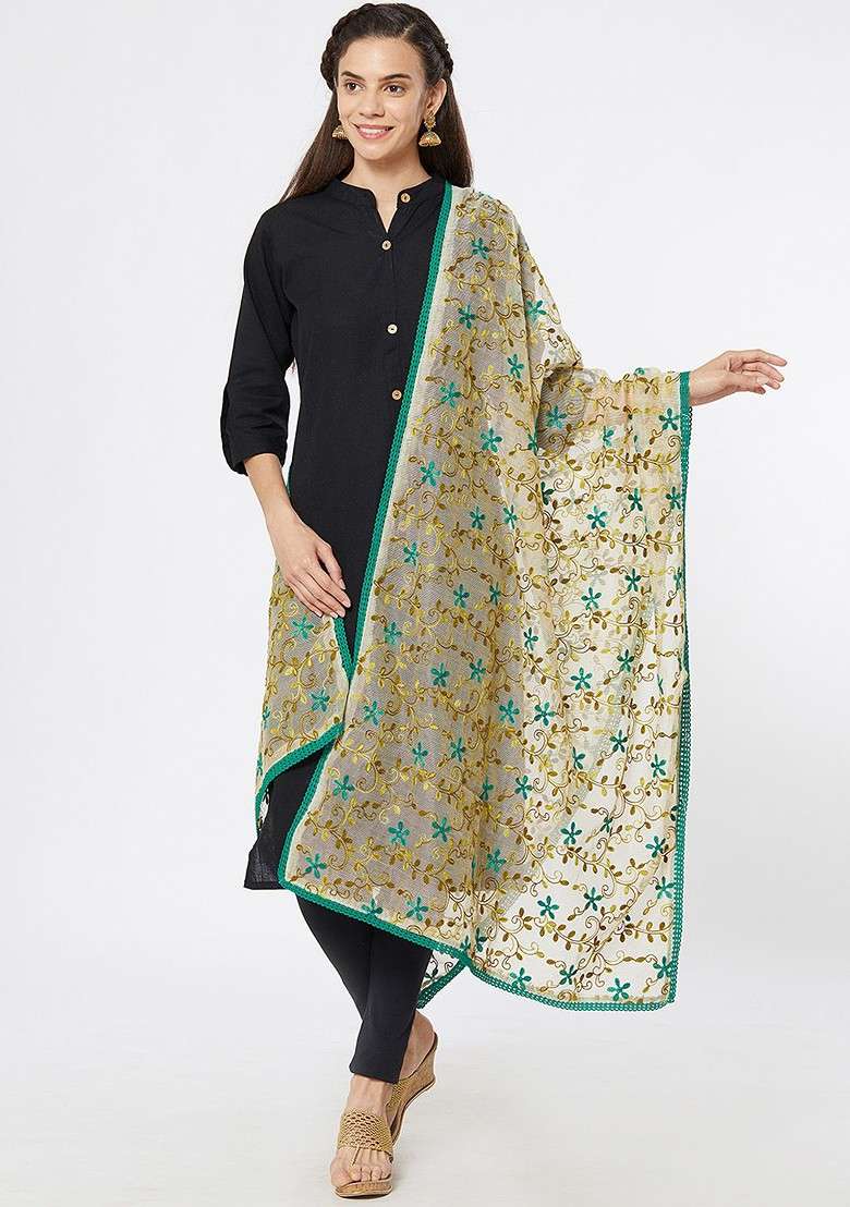 Women Cream Coloured And Blue Embroidered Dupatta - Indya