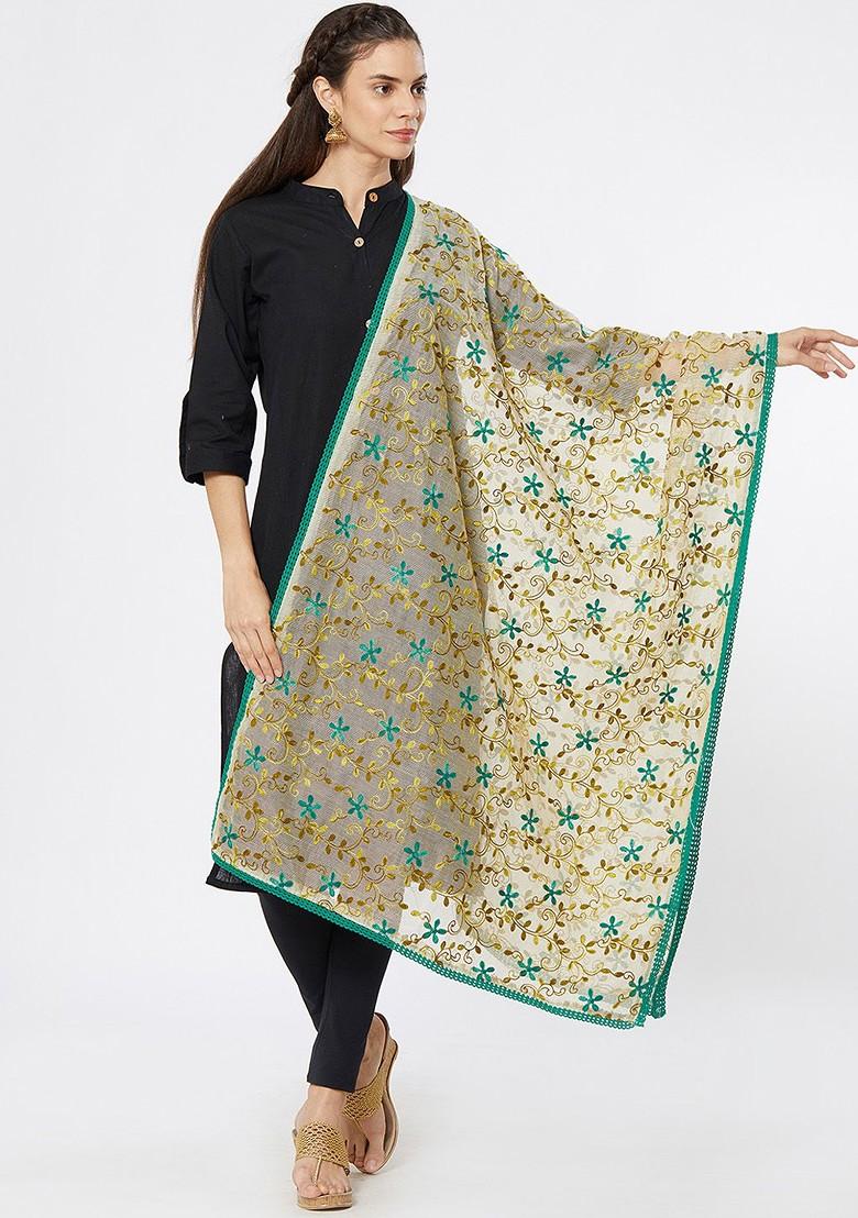 Women Cream Coloured And Blue Embroidered Dupatta