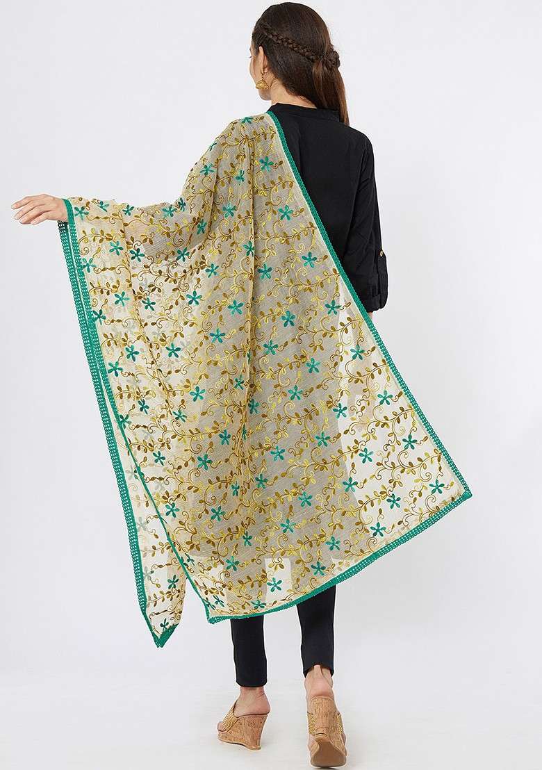 Women Cream Coloured And Blue Embroidered Dupatta - Indya