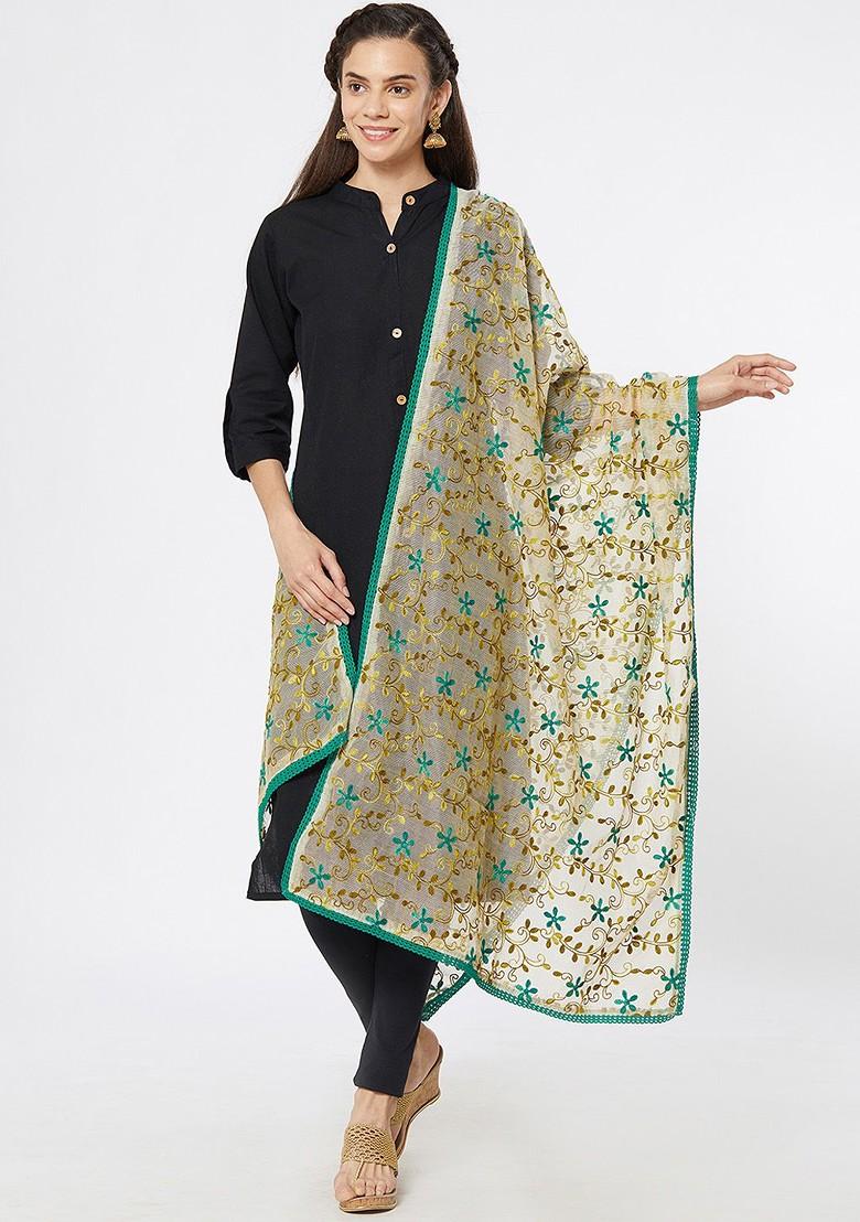 Women Cream Coloured And Blue Embroidered Dupatta