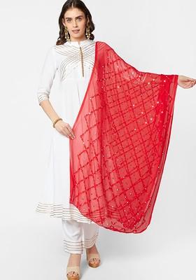 Red And White Ethnic Motifs Embroidered Dupatta With Mirror Work
