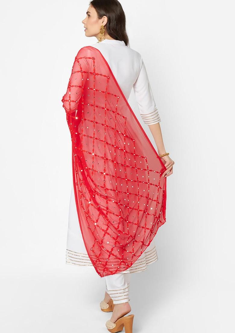 Red And White Ethnic Motifs Embroidered Dupatta With Mirror Work