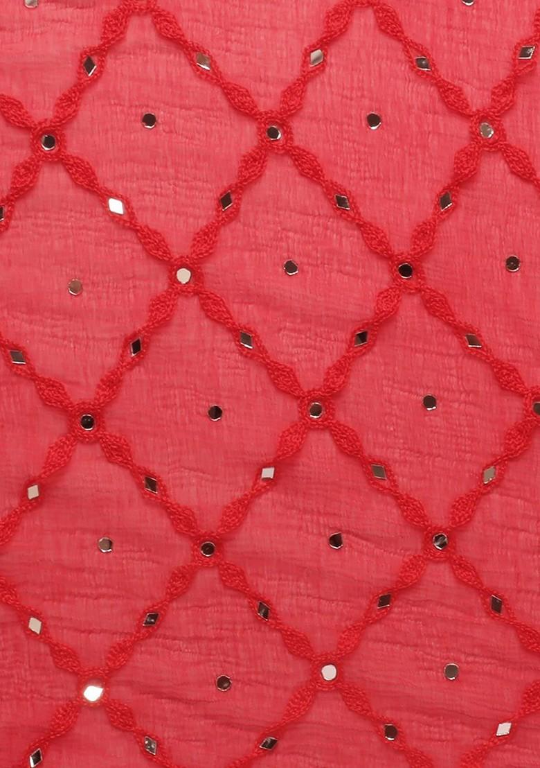 Red And White Ethnic Motifs Embroidered Dupatta With Mirror Work